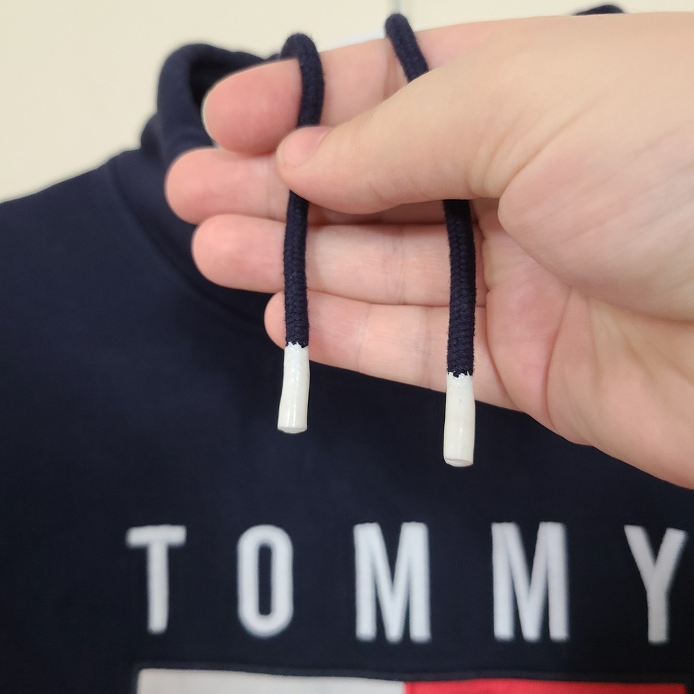 Tommy Hilfiger Hoodie Sweatshirt Womens L Navy Blue Y2K Spell Out Colorblock Red - Picture 4 of 8